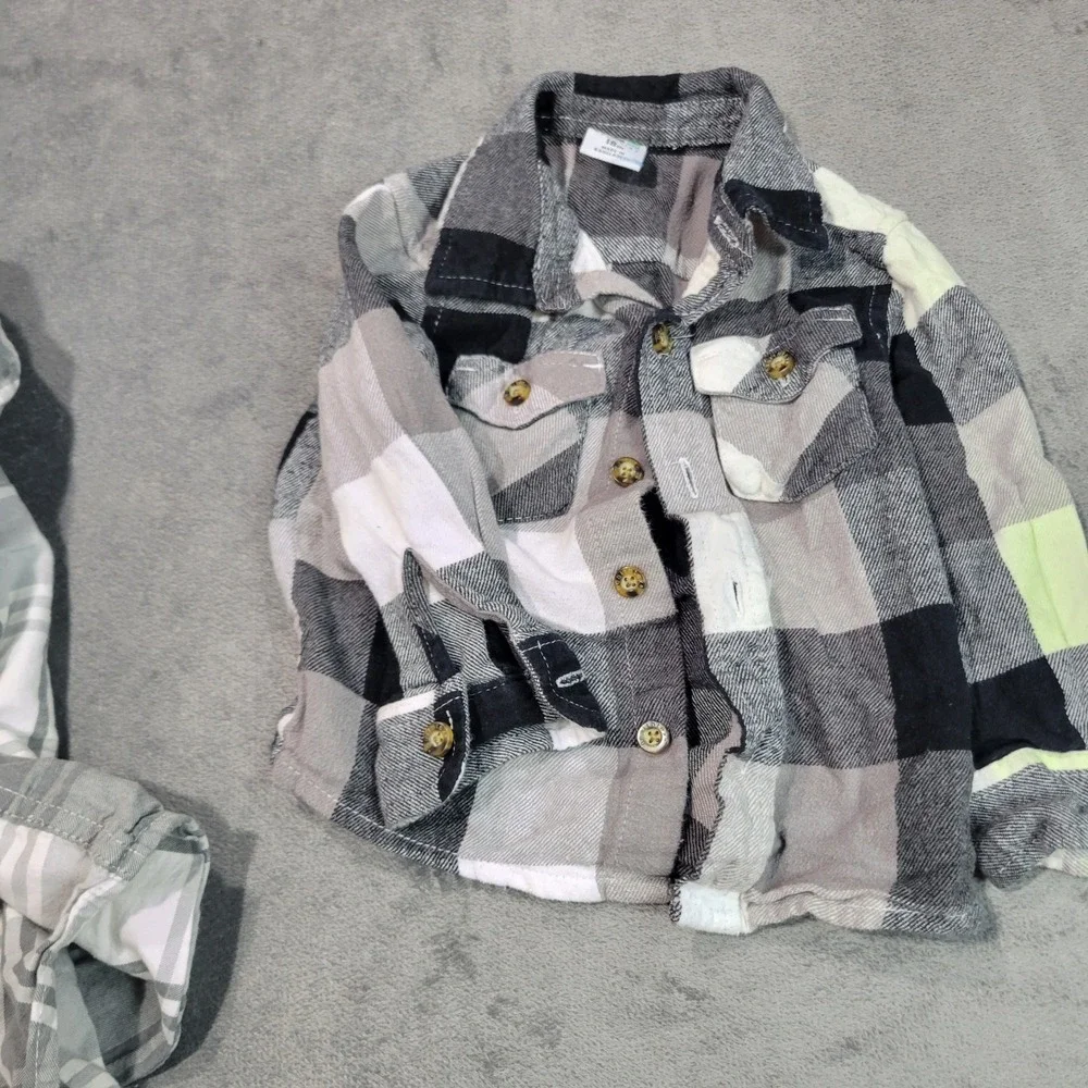 OshKosh Healthtex Plaid Shirt Boys 18M Grey Black Flannel Button Down Bundle 2pc